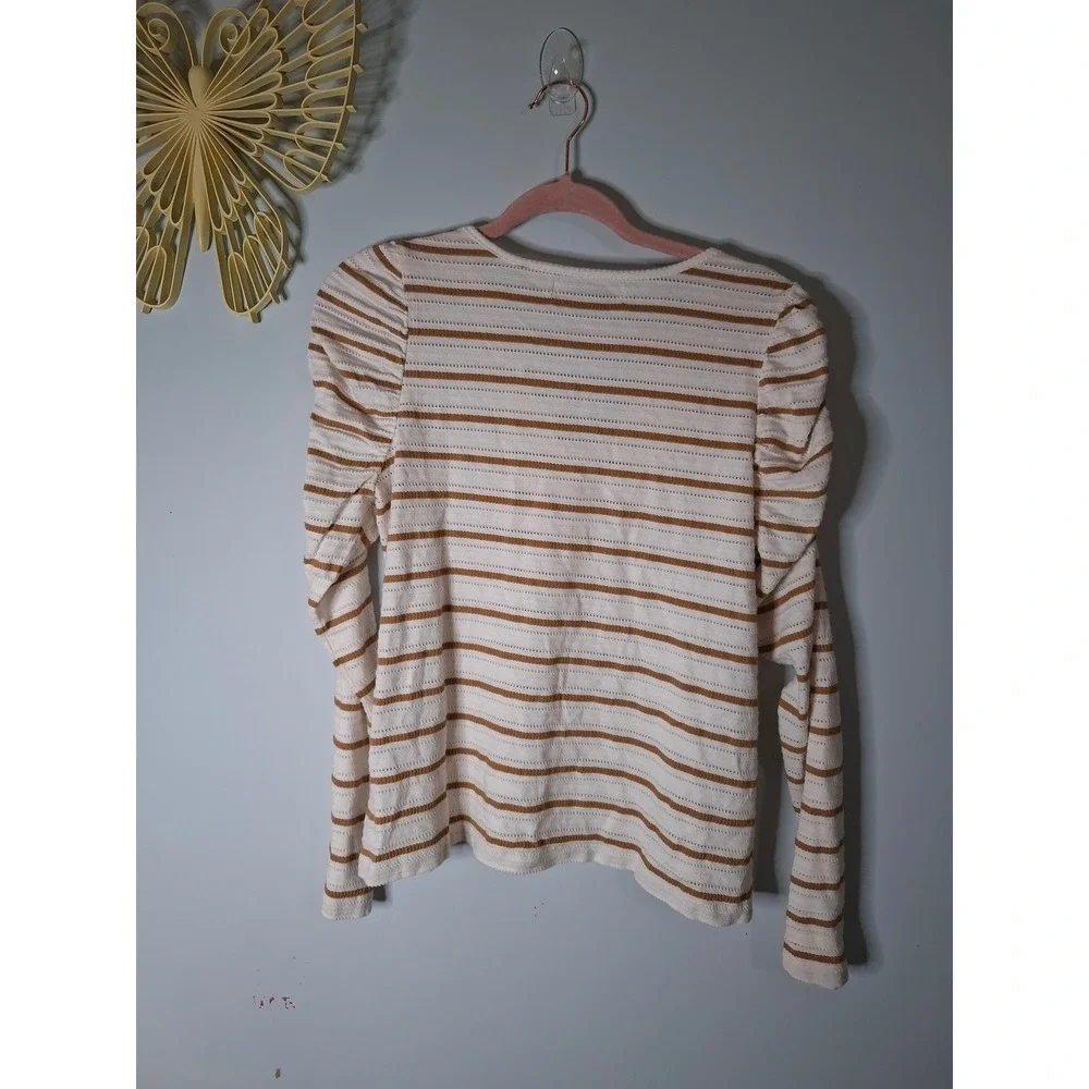 LOFT Striped Puff Sleeve Tie Front Cotton Pointelle Top White Tan Small